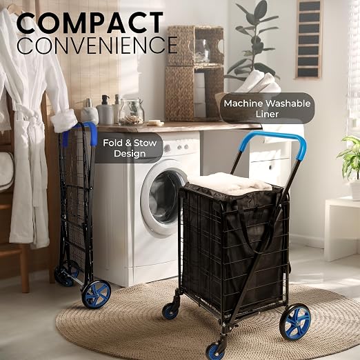 SereneLife Large Folding Utility Shopping Cart with Removable Liner – Heavy Duty, 360° Swivel Wheels, 110 lb Capacity, Portable for Groceries, Laundry, Luggage, and More(Blue)