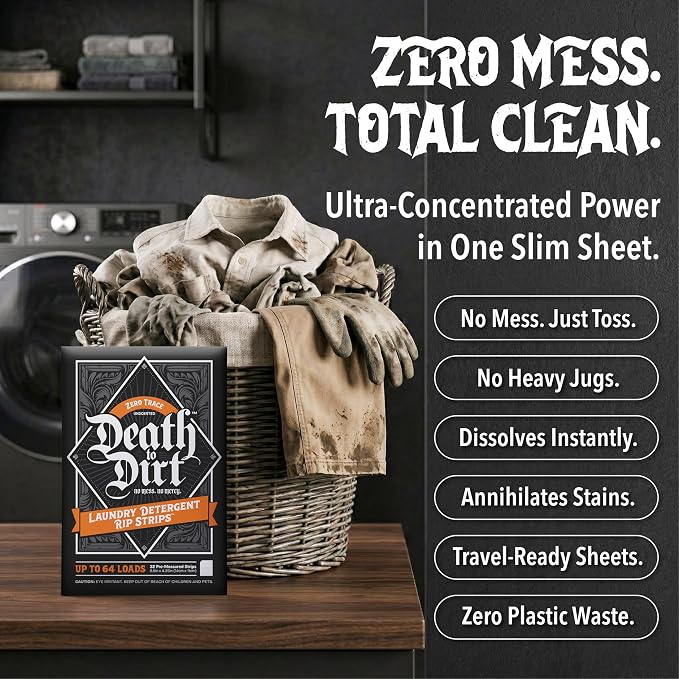 Death to Dirt Laundry Detergent Sheets, 192 Loads, Tough on Stains and Odors, Gentle on Skin and Fabric, Plant-Based & Eco-Friendly, Zero Trace Unscented, 32ct (3 Pack)