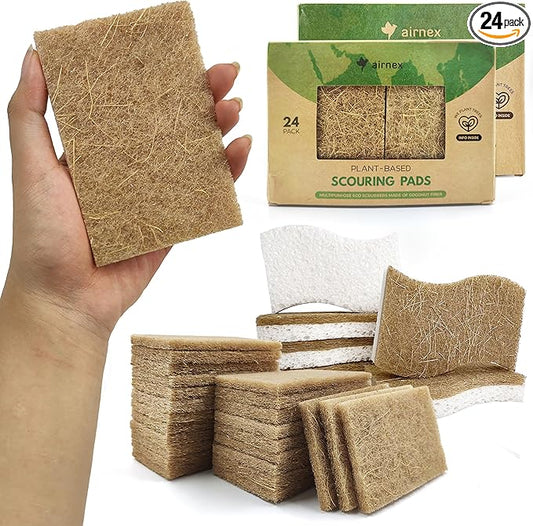 AIRNEX Pack of 24 Non Scratch Scouring Pads for Pots and Pans with Pack of 6 S-Shape Odor Free Natural Kitchen Sponges