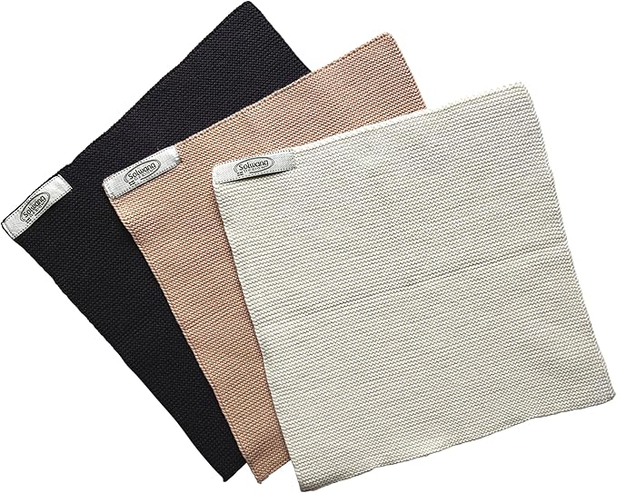 Solwang 3-Piece Danish Cotton Dishcloths in 100% Certified Organic Cotton Made in India (Nougat/Nature/Grey Organic Combi)