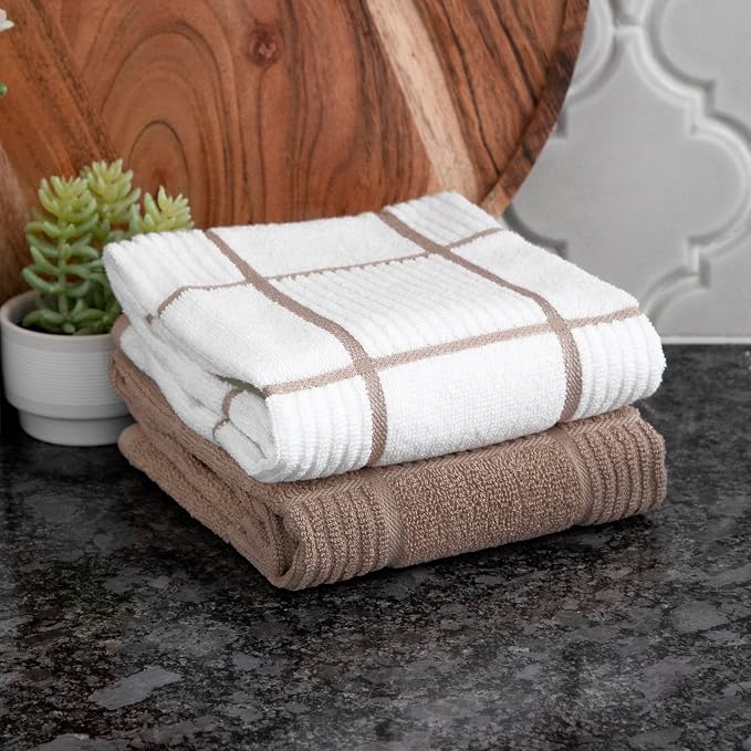 T-Fal Solid & Checked Parquet Kitchen Towels: Highly Absorbent, Super Soft Long Lasting - 100% Cotton, 16"x26" Dish Towels for Cleaning & Drying Dishes, Pans, Glassware, Countertops, 2-Pack, Sand