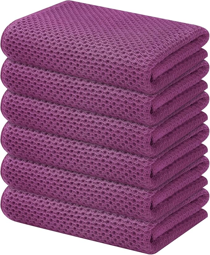 Kitinjoy 100% Cotton Waffle Weave Kitchen Hand Towels (13 X 28 Inches, Violet), 6-Pack Super Soft and Absorbent Dish Towel for Drying Dishes