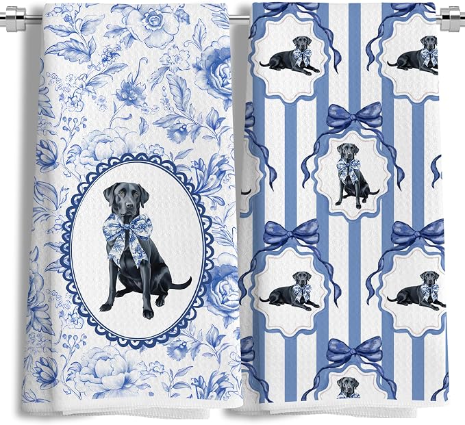 Chinoiserie Black Labrador Retriever Kitchen Towels, Blue and White Floral Black Lab Gifts Dish Tea Towels,Grandmillennial Botanical Dog Hand Towels for Kitchen Bathroom, 16x24 Inch Set of 2