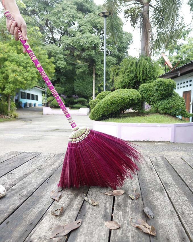 Asian Broom,Natural Grass Thai Broom Vintage Retro Embroidered Woven Nylon, Handmade Broom, Housewarming Gift, Witch Broom,Bamboo Stick Handle, Durable Broom for Indoor & Outdoor 40"
