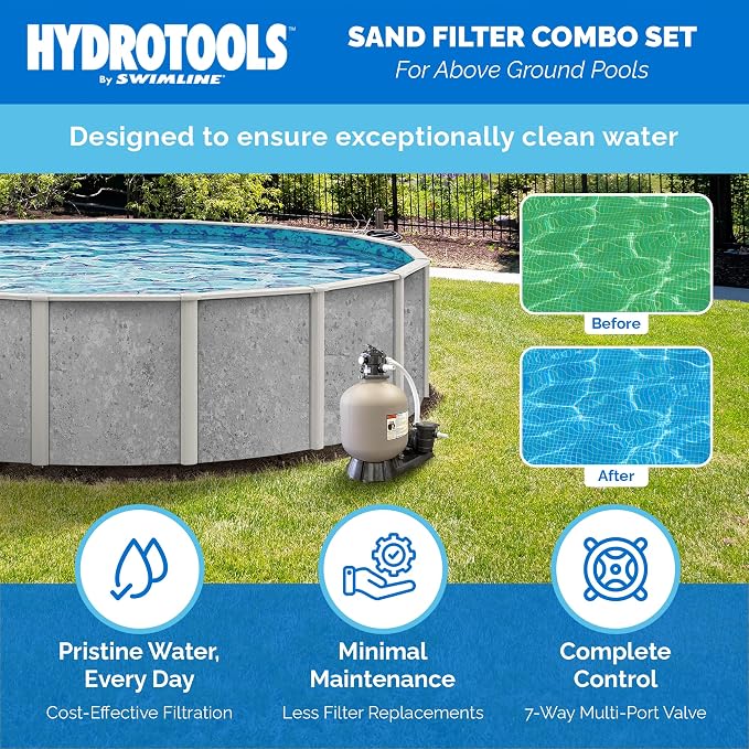 HYDROTOOLS BY SWIMLINE 16 Inch Sand Filter Combo Set With Stand & Multi Port Valve | 100 Pound Sand Capacity