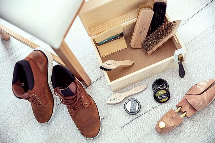 Kaps Complete Shoe Clean and Care Kit, 9 Piece Shoe Care Set for Leather Boots and Shoes, Footwear Cleaning Kit with Wooden Gift Box