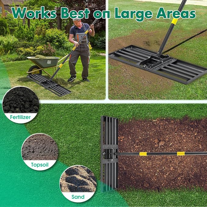 Lawn Leveling Rake,Folding 30x10 Inch Ground Plate,70 Inch Adjustable Long Handle Yard Level Tool with Curved Edge,Heavy Duty Landscaping Lawn Leveler for Grass, Golf Field, Soil Sand Dirt Spreader