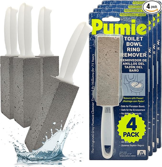 PUMIE Pumice Stone Toilet Bowl Cleaner (4-Pack) - Toilet Pumice Stone with Handle - Heavy Duty Scouring Stick for Rings, Bowls, Hard Water Stains, Lime, Rust, Sink - Includes Handle for Easy Use