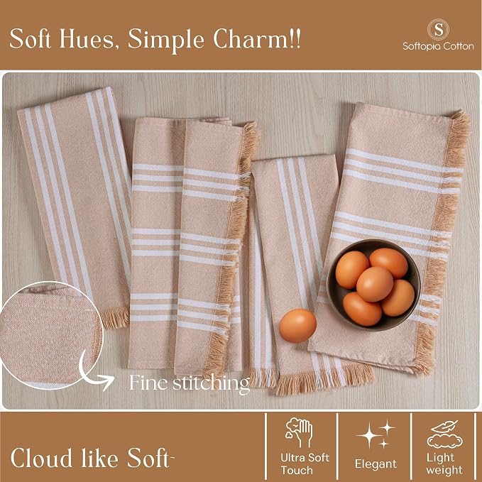 Prewashed Stripe Kitchen Towels 4 Pack, 16x26 Inches, 100% Cotton, Dish Towels for Kitchen Drying, Reusable Tea Towels, Absorbent Wash Cloths, Quick Dry and Machine Washable - Beige