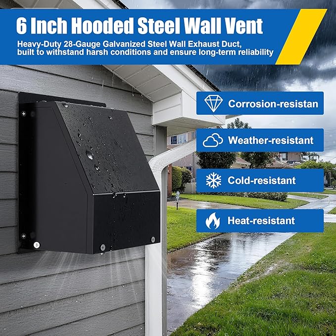 Dryer Vent Cover Outside 6 inch Hooded Wall Vent with Screen and Damper, 6" Wall Exhaust Vent Cover Cap, External Extractor Wall Vent for Range Hood/Dryer/Kitchen/Duct - Galvanized Steel,Black
