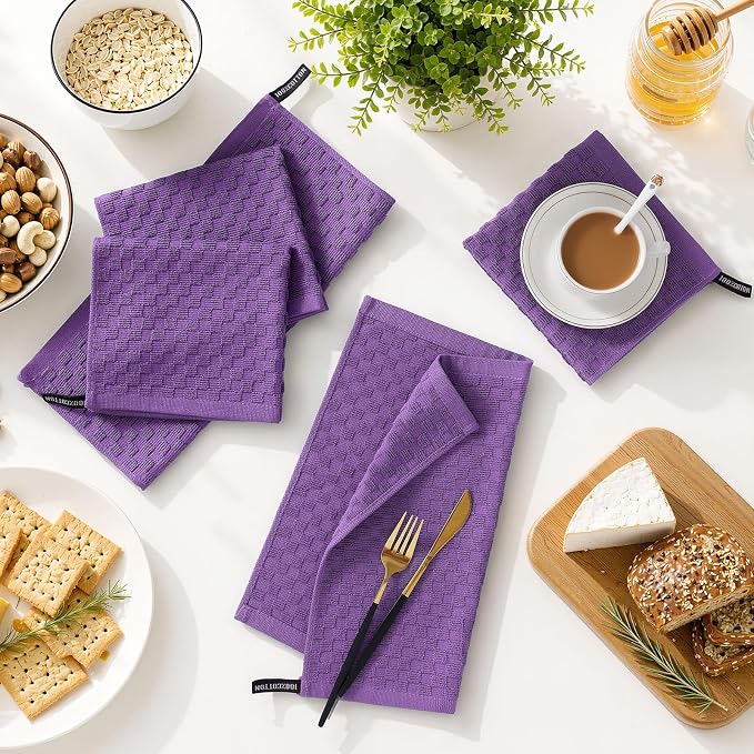 Homaxy 100% Cotton Terry Kitchen Dish Cloths, Ultra Soft Absorbent Dish Towels with Hanging Loop, Pineapple Grid Designed, 12 x 12 Inches, 6-Pack, Purple