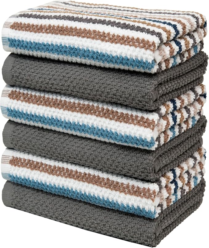 Premium Kitchen Towels (16”x 26”, 6 Pack) | Large Cotton Kitchen Hand Towels | Popcorn Striped Design | Dish Towels | 430 GSM Highly Absorbent Tea Towels Set with Hanging Loop | Gray