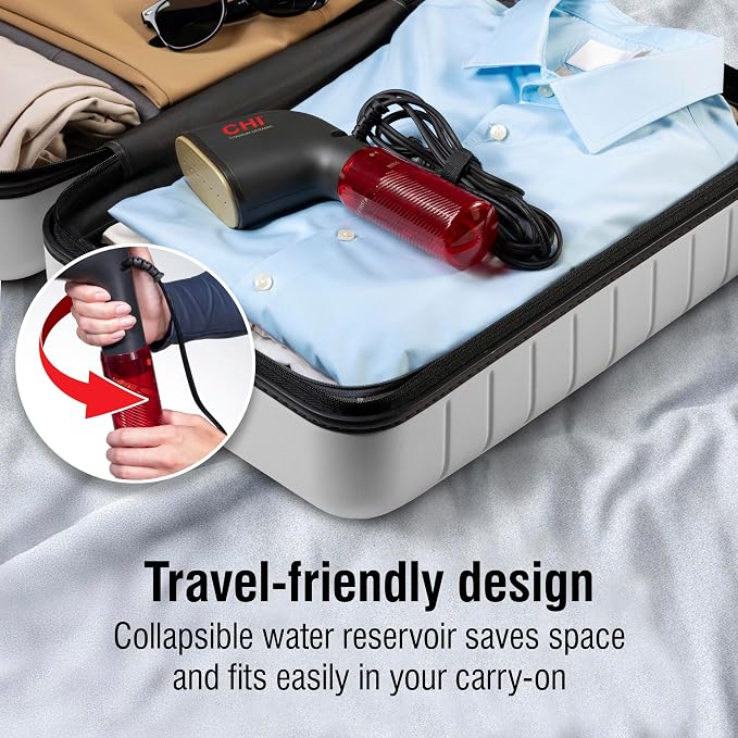 CHI Collapsible Travel 2-in-1 Handheld Garment Steamer & Steam Iron for Clothes, 1200 Watts, 120 ml Water Tank, 6 Minutes of Steam, Fast Heatup, 10' Cord, Black
