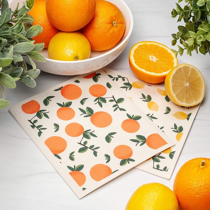 Swedish Dishcloths 4-Pack, Reusable Kitchen Cleaning Cloths, Eco-Friendly Sponges with Citrus Lemon Orange Print, Machine Washable 7.87x6.88 inch