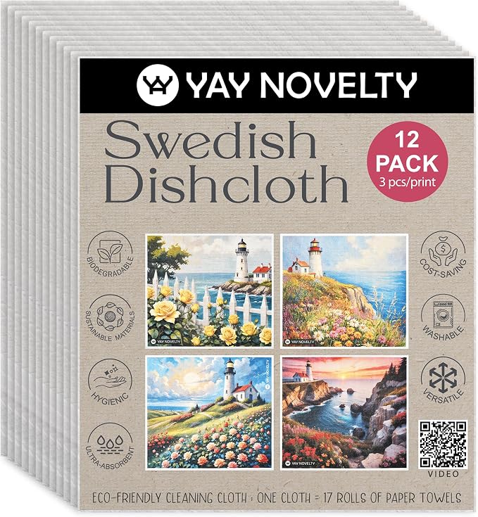 Swedish Dishcloths - 12 Pack | Made in Germany | Ultra-Absorbent, Reusable Cellulose Sponge Cloths for Kitchen | No-Odor, Eco-Friendly Cleaning Wipes | Water-Based Ink | Lighthouse