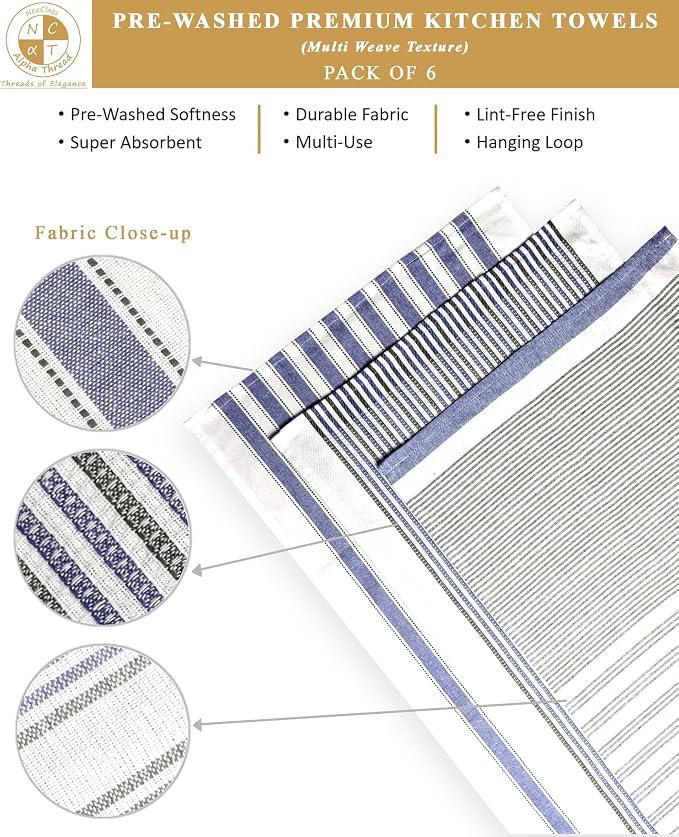 Pack of 6 Cotton Kitchen Towels Set, Dish Towels, Cleaning Rags, Kitchen Dish Cloths for Washing Dishes, Cotton Cleaning Cloths, Ultra Soft, Lightweight & Quick Dry, Flat Weave, 28"x18" (Denim & Gray)