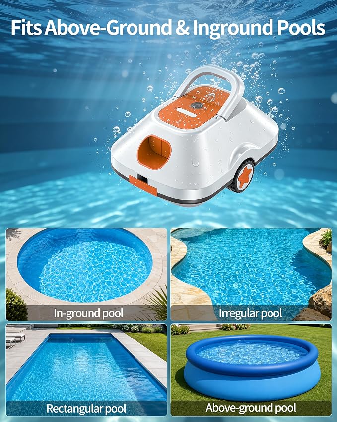 Robotic Pool Cleaner, Automatic Pool Cleaner with 210 Mins Runtime,Cordless Pool Vacuum for Above Ground & Inground Pools Coverage up to 2200 Sq.Ft,Auto-Parking,Easy Retrieve,Light Orange