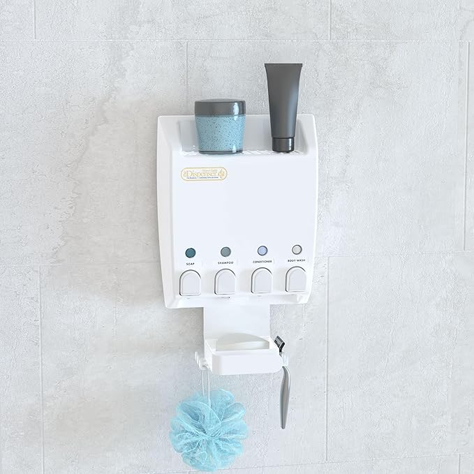 Better Living Ulti-Mate Shower Dispenser Caddy 4, Wall Mount Shower Soap Dispenser for Bathroom, Shelf, Built-in Hooks & Soap Dish, No Drill, Shampoo and Soap Dispenser, 4 x 14.5 oz, White