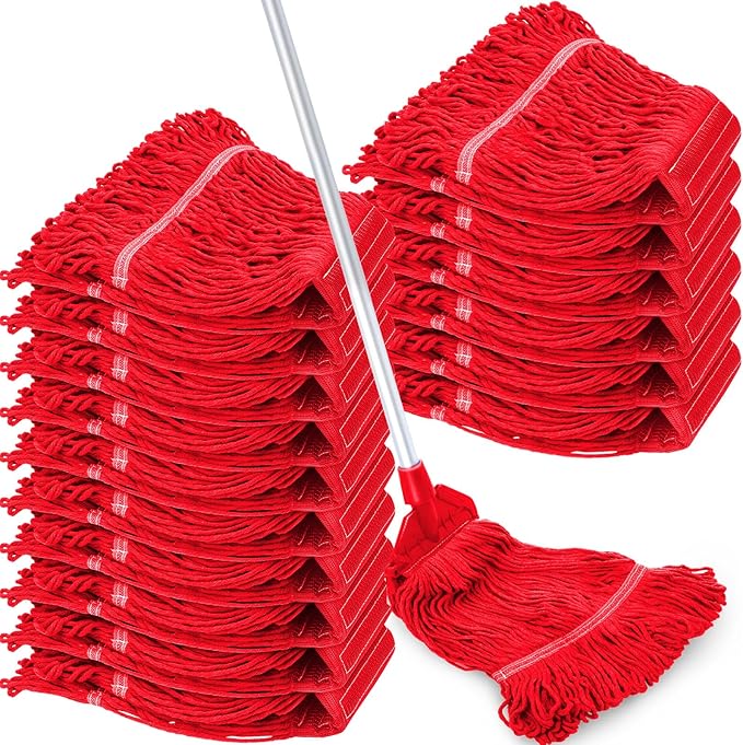 Roshtia 16 Pack Mop Head Replacement Large Heavy Duty Mop Head Commercial Replacement Looped End Cotton String Industrial Washable Mophead Refills for Commercial Industrial Home Cleaning(Red)