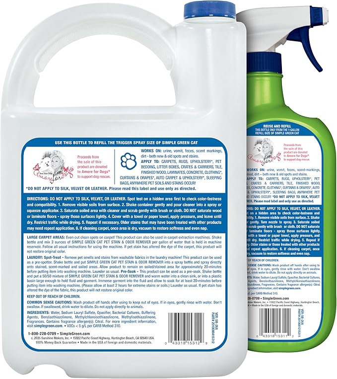 Simple Green Cat Stain & Odor Remover - Enzyme Cleaner for Cat Urine, Feces, Blood, Vomit (32 oz Sprayer & 1 gallon Refill)