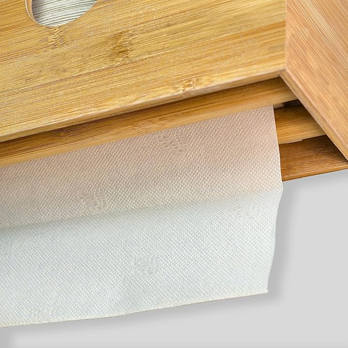 eBun Bamboo Paper Towel Holder for Multifold, Cfold, Trifold, Zfold Towels – Wall Mount or Countertop Paper Hand Dispenser with Removable Lid Tray, Modern Rustic Design for Kitchen, Bathroom & Office