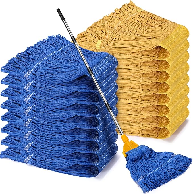 Roshtia 16 Pack Mop Head Replacement Large Heavy Duty Mop Head Commercial Replacement Looped End Cotton String Industrial Washable Mophead Refills for Commercial Industrial Home Cleaning(Blue, Yellow)