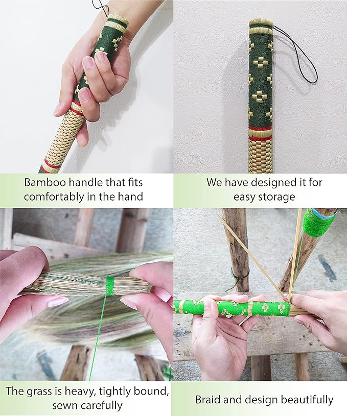 Thai Vintage Retro Grass Broom Stick, Asian Straw for Wedding Jumping, Witch, House, Long With Solid Wood Handle - Primitive Sweeping Dirt Dust Garbage