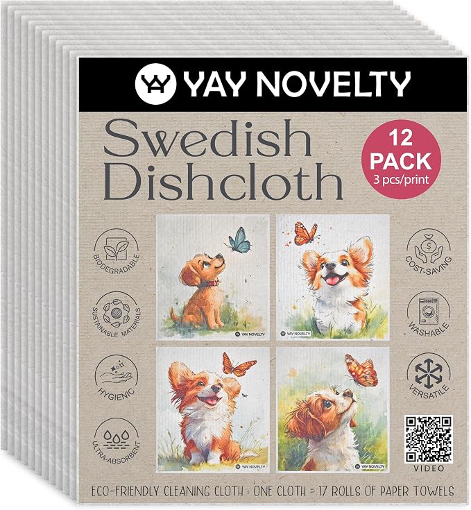 Swedish Dishcloths - 12 Pack | Made in Germany | Ultra-Absorbent, Reusable Cellulose Sponge Cloths for Kitchen | No-Odor, Eco-Friendly Cleaning Wipes | Water-Based Ink | Puppy