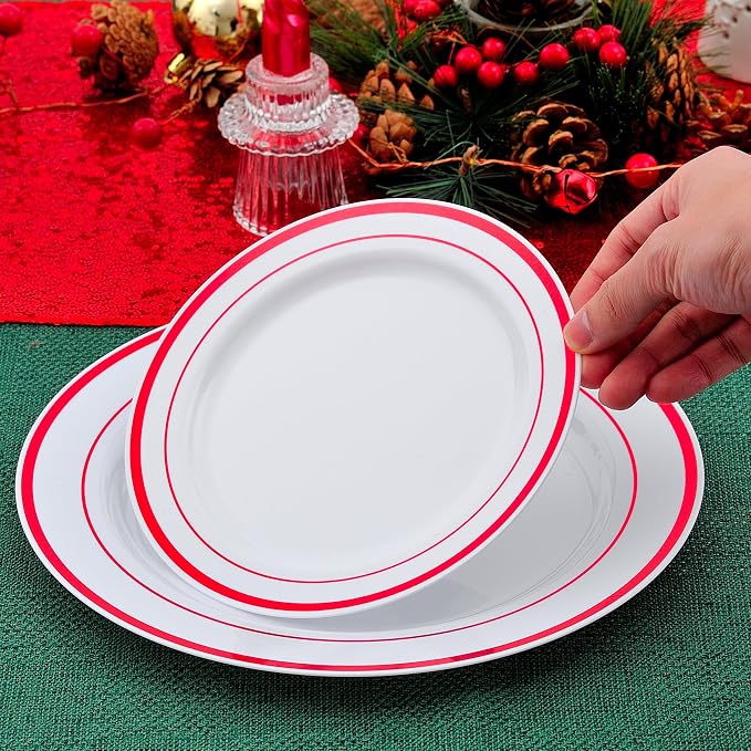 300PCS Red Dinnerware Set for 50 Guests, White and Red Plastic Disposable Plates for Party-50 Dinner Platos,50 Dessert Plates, 150 Silverware Set- Fancy Heavy Duty Party Plate