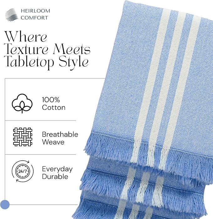 5 Pack Monochrome Stripe Dish Towels with Fringes, 16"x26", 100% Cotton, Absorbent & Durable, Quick Drying Kitchen Towels for Daily Cleaning, Cooking & Baking, Easy Care, Sky Blue