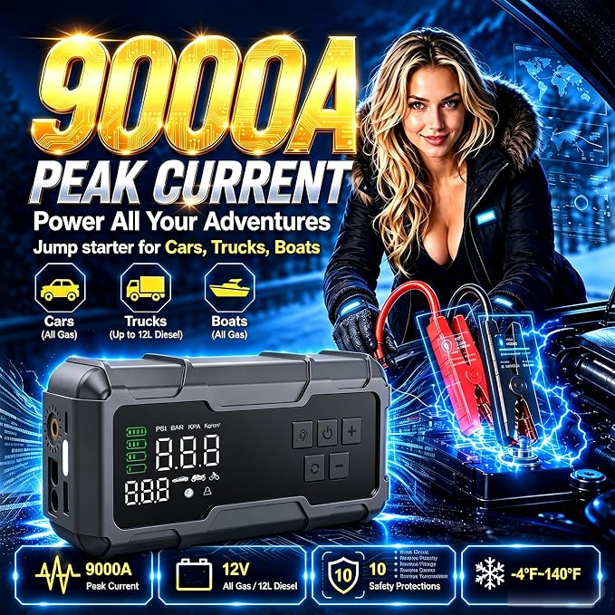 9000A Jump Starter with Air Compressor 10-1 Portable Tire Inflator German Fast-Charging Power Bank Car Diesel Battery Booster for Car Owners Camping, Road Trips, Family Safety & Gift