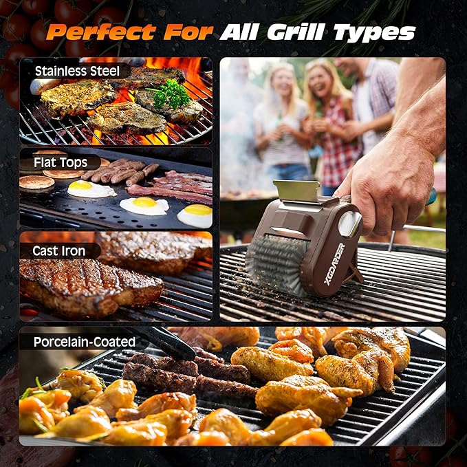 Electric Grill Brush for Outdoor Grill, Rechargeable BBQ Grill Cleaner Stainless Steel Brush with 450RPM Stainless Roller,LED Light, Scraper,Grilling Gifts for Men/Dad