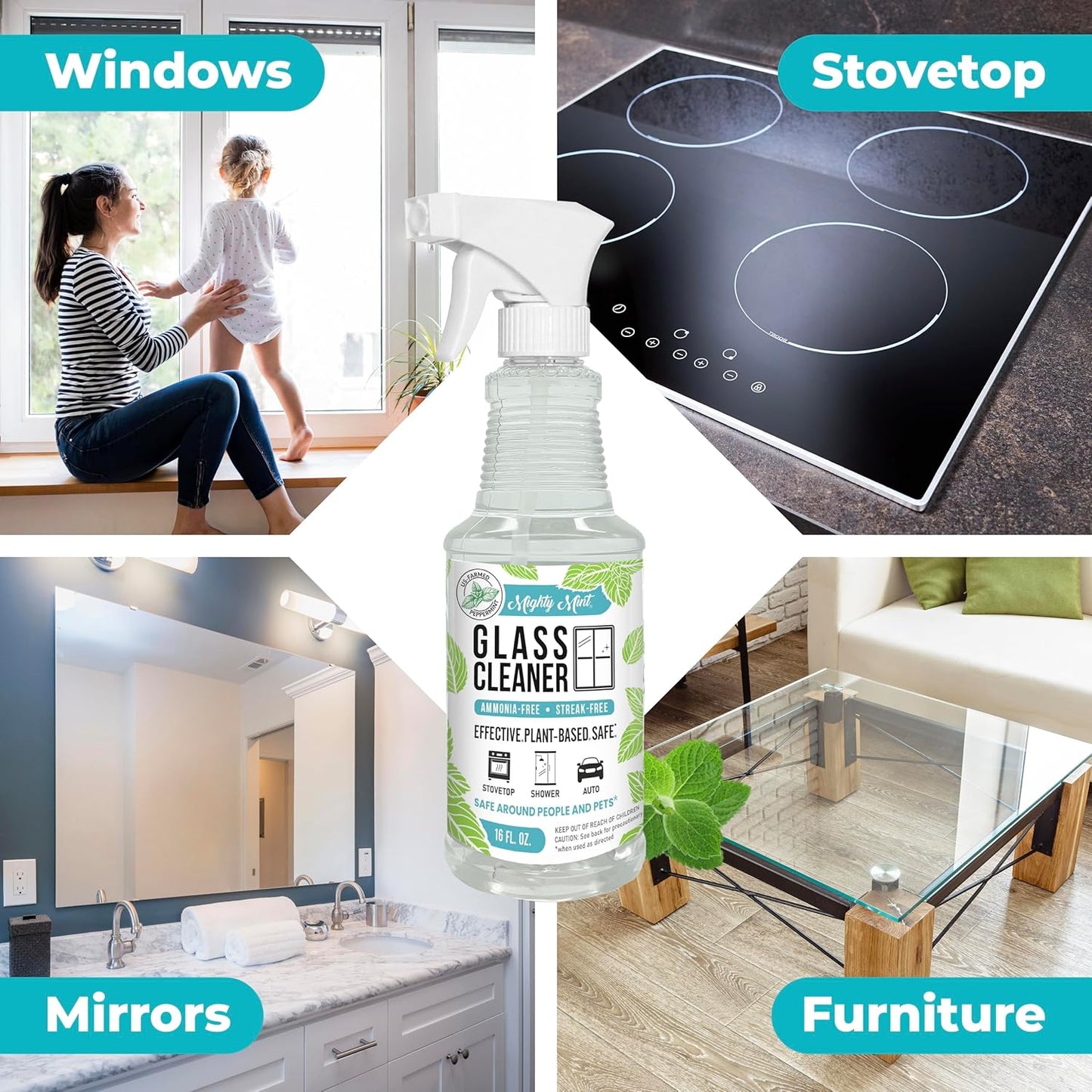 Mighty Mint Glass Cleaner, Ammonia-Free, Streak-Free Spray for Windows, Screens, Stovetop, Bathroom, Natural Peppermint Scent, 16oz