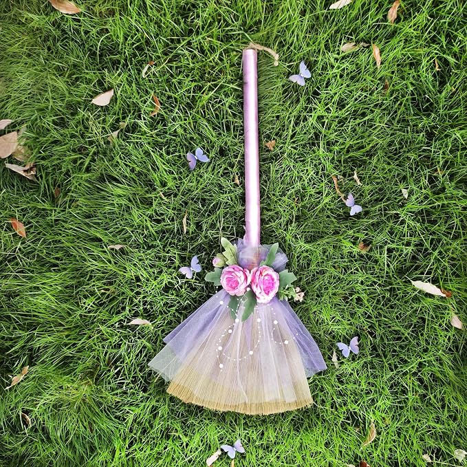 Wedding Broom Jumping Broom for Wedding Ceremony 28 inch Whisk Purple Gauze/Artificial Roses (Finished Product)