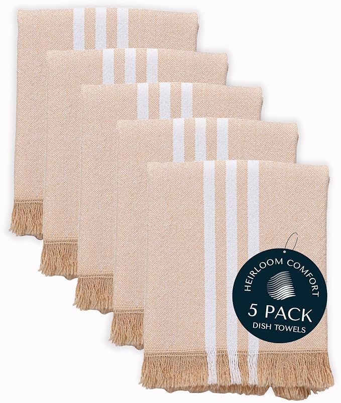 Monochrome Stripe Kitchen Towels 5 Pack, 16x26 Inch, 100% Cotton, Super Absorbent & Quick Dry, Durable, Fringed Dish Towel for Drying Dishes, Machine Washable, Everyday Use, Beige