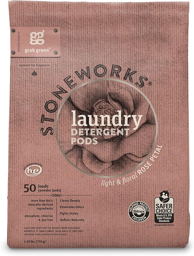 Grab Green Stoneworks Laundry Bundle, 50 Detergent Pods and 80 Dryer Sheets | Rose Petal Scent; Plant & Mineral-Based; Sustainable Dryer Sheets; No Harsh Chemicals; Fights Stains; Eliminates Odors