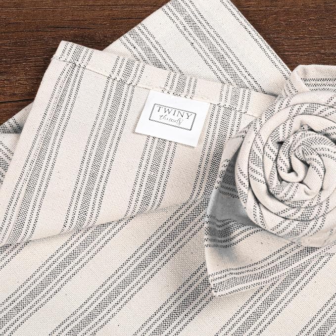 TWINY threads Set of 4 Farmhouse Stripe Kitchen Towels (18x26 Inches) Premium Tea Towels with Hanging Loop, Highly Absorbent 100% Cotton Bulk Kitchen Hand Towels for Drying Cleaning - Grey