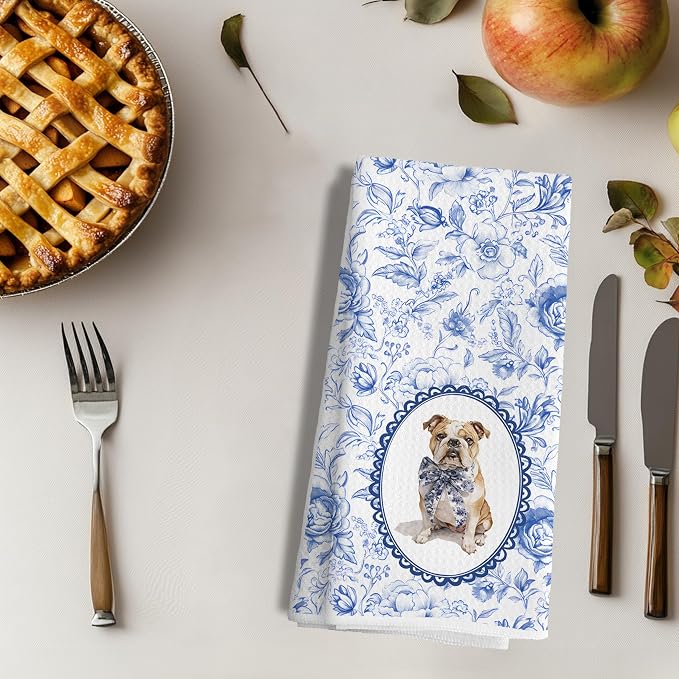 Chinoiserie French Bulldog Kitchen Towels, Blue and White Floral French Bulldog Gifts for Women Dish Tea Towels,Grandmillennial Botanical Dog Hand Towels for Kitchen Bathroom, 16x24 Inch