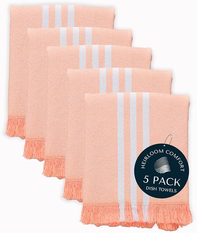 5 Pack Monochrome Stripe Dish Towels with Fringes, 16x26 Inch, 100% Cotton, Ultra Absorbent & Reusable, Quick Drying Kitchen Towels for Cleaning, Cooking, Drying, Easy Care, Orange