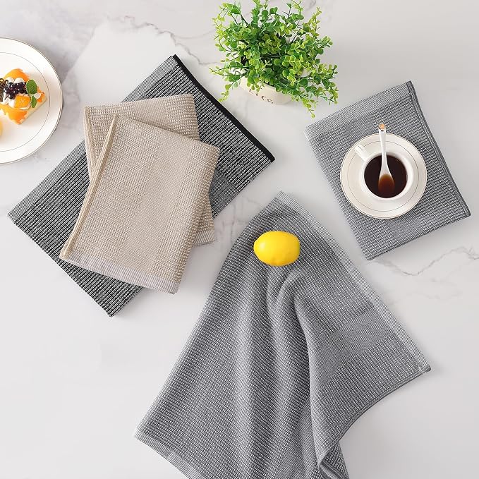 Mordimy Premium Kitchen Towels 6 Pack (18 x 28 Inches, Grey/Khaki/Black), Large Cotton Flat & Terry Kitchen Hand Towel, Super Absorbent Tea Dishtowels Set with Hanging Loop