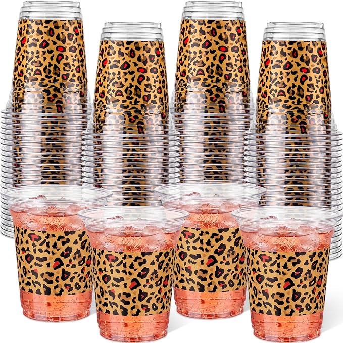 Qinyoung 50 Pcs Red Leopard Print Plastic Cups Cheetah Animal 12oz Disposable Cups Bulk Drinking Cup for Cold Drinks Baby Shower Wedding Birthday Animal Cheetah Print Party Supplies