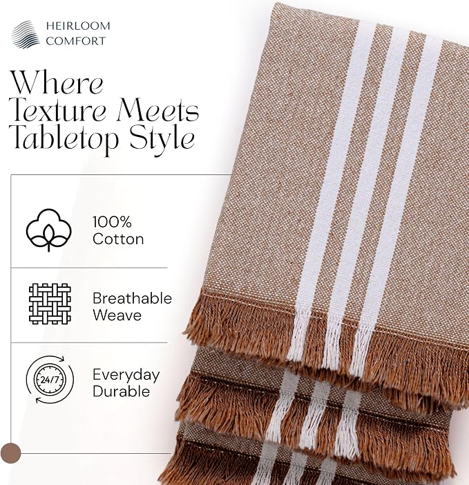 Monochrome Striped Dish Towels 5 Pack, 16x26 Inch, 100% Cotton, Fringed Edges, Absorbent & Durable, Quick Drying Kitchen Towels for Daily Cleaning, Cooking, Baking, Easy Care, Brown
