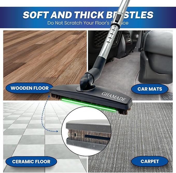 Vacuum Floor Brush & Extension Wand for Vacuum Cleaners with 1 ¼ inch (1.25'') (32mm) Inner Diameter with Horse Hair Soft Bristles - Hardwood Floor Attachment & Vacuum Extension Tube