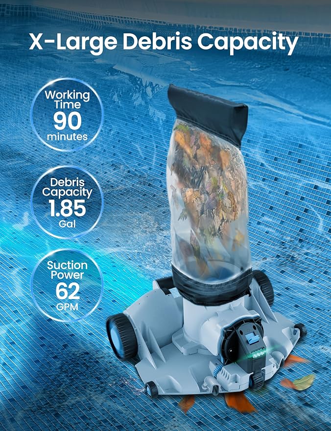 Automatic Leaf Robotic Pool Vacuum Cleaner Heavy‑Duty Pool Opening Heavy Debris 360° Ultra‑Wide Suction Inlet, 1.85‑Gal X-Large Bag, 62 GPM Flow, 90‑Min, AutoPark - Ideal for Inground Aboveground Pool