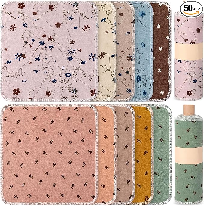 Redbaker 50 Pcs Reusable Paper Towels Paperless Reusable Cotton Cloths Toilet Absorbent Washable Paper Towels with Roll Kitchen Dishcloth for Kitchen Paperless Dishcloths(Little Flower)