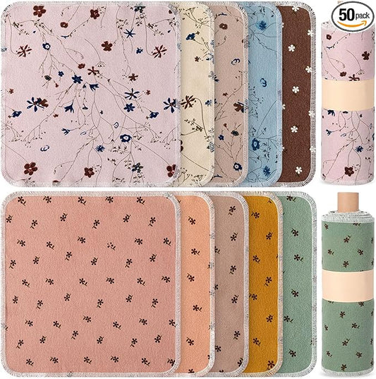 Redbaker 50 Pcs Reusable Paper Towels Paperless Reusable Cotton Cloths Toilet Absorbent Washable Paper Towels with Roll Kitchen Dishcloth for Kitchen Paperless Dishcloths(Little Flower)
