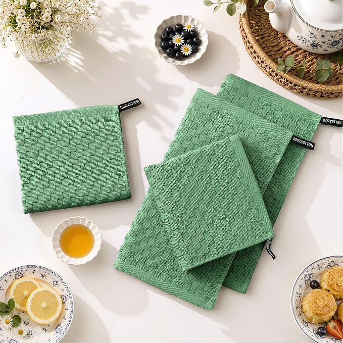 Homaxy 100% Cotton Terry Kitchen Dish Cloths, Ultra Soft Absorbent Dish Towels with Hanging Loop, Pineapple Grid Designed, 12 x 12 Inches, 12-Pack, Grass Green