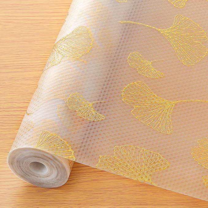 Cooyes Shelf Liner, Non Adhesive Drawer and Cabinet Liner, EVA Washable Oil-Proof Shelf Paper for Kitchen Cabinets, Refrigerator, Storage, Desks with Modern Pattern （Gold Ginkgo，17.5" W x 360" L）
