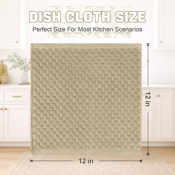 Homaxy 100% Cotton Terry Kitchen Dish Cloths, Ultra Soft Absorbent Dish Towels with Hanging Loop, Pineapple Grid Designed, 12 x 12 Inches, 8-Pack, Tan