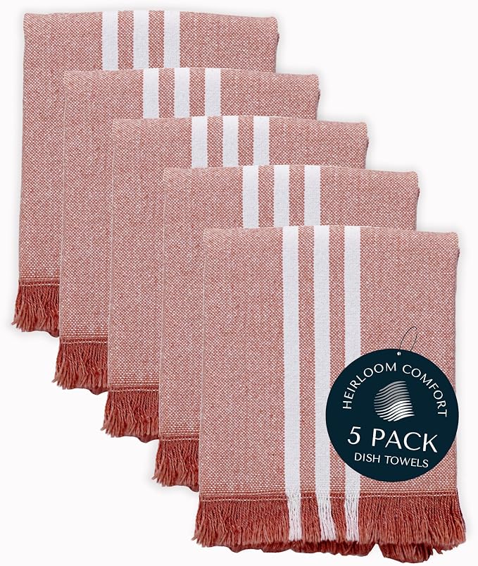 Monochrome Stripe Dish Towels 5 Pack, 16x26 Inch, 100% Cotton, Decorative Fringes, Ultra Absorbent & Reusable, Quick Drying Kitchen Towels for Cleaning, Drying, Easy Care, Rust